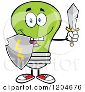 Happy Green Light Bulb Mascot With A Sword And Shield