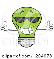 Happy Green Light Bulb Mascot Holding Two Thumbs Up And Wearing Shades