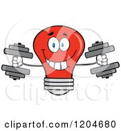 Poster, Art Print Of Happy Red Light Bulb Mascot Weightlifting Dumbbells