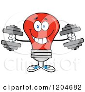 Happy Red Light Bulb Mascot Lifting Dumbbell Weights