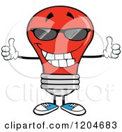 Happy Red Light Bulb Mascot Wearing Shades And Holding Two Thumbs Up