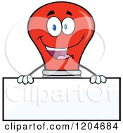 Poster, Art Print Of Happy Red Light Bulb Mascot Over A Sign