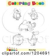 Cartoon Of A Coloring Book Page With Stone Age People And Animal Outlines Text And A Colored Pencil Border Royalty Free Vector Clipart