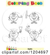 Cartoon Of A Coloring Book Page With Apple Outlines Text And A Colored Pencil Border 4 Royalty Free Vector Clipart