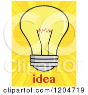 Cartoon Of A Yellow Light Bulb And Idea Text Over Rays Royalty Free Vector Clipart