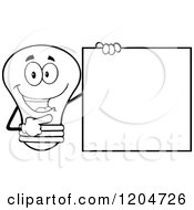 Poster, Art Print Of Happy Black And White Light Bulb Mascot Pointing To A Sign 2
