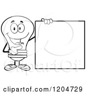 Poster, Art Print Of Happy Black And White Light Bulb Mascot Pointing To A Sign
