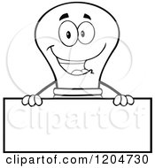 Poster, Art Print Of Happy Black And White Light Bulb Mascot Over A Sign