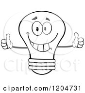 Cartoon Of A Happy Black And White Light Bulb Mascot Holding Two Thumbs Up Royalty Free Vector Clipart
