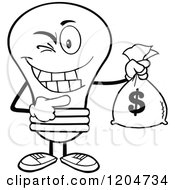 Cartoon Of A Winking Black And White Light Bulb Mascot Holding A Money Savings Bag Royalty Free Vector Clipart