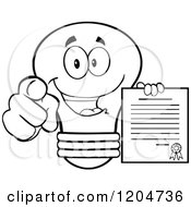 Poster, Art Print Of Happy Black And White Light Bulb Mascot Pointing And Holding A Contract 2