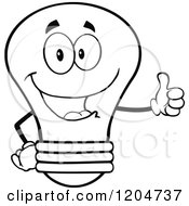 Cartoon Of A Happy Black And White Light Bulb Mascot Holding A Thumb Up Royalty Free Vector Clipart