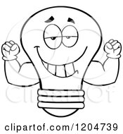 Poster, Art Print Of Happy Black And White Light Bulb Mascot Flexing Muscles