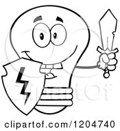 Poster, Art Print Of Happy Black And White Light Bulb Mascot Guard With A Shield And Sword