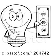 Poster, Art Print Of Happy Black And White Light Bulb Mascot Holding A Dollar Bill 2