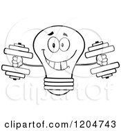 Poster, Art Print Of Happy Black And White Light Bulb Mascot Weightlifting Dumbbells