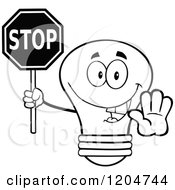 Cartoon Of A Happy Black And White Light Bulb Mascot Holding A Stop Sign 2 Royalty Free Vector Clipart