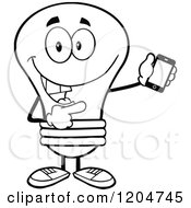 Cartoon Of A Happy Black And White Light Bulb Mascot Pointing To A Tablet Computer Royalty Free Vector Clipart