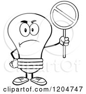 Cartoon Of A Mad Black And White Light Bulb Mascot Holding A Forbidden Sign Royalty Free Vector Clipart