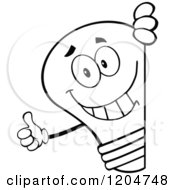Poster, Art Print Of Happy Black And White Light Bulb Mascot Holding A Thumb Up Around A Sign