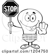 Cartoon Of A Happy Black And White Light Bulb Mascot Holding A Stop Sign Royalty Free Vector Clipart