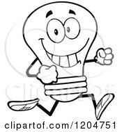 Poster, Art Print Of Happy Black And White Light Bulb Mascot Running