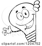 Poster, Art Print Of Happy Black And White Light Bulb Mascot Waving Around A Sign