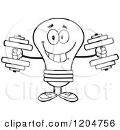 Poster, Art Print Of Happy Black And White Light Bulb Mascot Lifting Dumbbell Weights