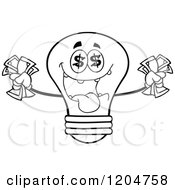 Poster, Art Print Of Rich Black And White Light Bulb Mascot Holding Cash 2