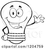 Poster, Art Print Of Happy Black And White Light Bulb Mascot Waving