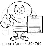 Poster, Art Print Of Happy Black And White Light Bulb Mascot Pointing And Holding A Contract