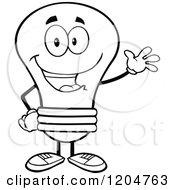 Cartoon Of A Happy Waving Black And White Light Bulb Mascot Royalty Free Vector Clipart