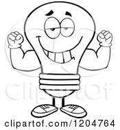 Cartoon Of A Happy Black And White Light Bulb Mascot Flexing Royalty Free Vector Clipart