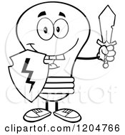 Poster, Art Print Of Happy Black And White Light Bulb Mascot With A Sword And Shield