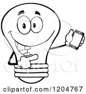Poster, Art Print Of Happy Black And White Light Bulb Mascot Pointing To A Tablet Computer 2
