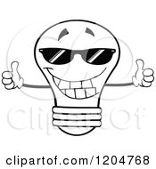 Poster, Art Print Of Happy Black And White Light Bulb Mascot Holding Two Thumbs Up And Wearing Shades