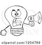 Cartoon Of A Black And White Light Bulb Mascot Announcing With A Megaphone 2 Royalty Free Vector Clipart