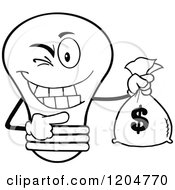 Cartoon Of A Winking Black And White Light Bulb Mascot Holding A Money Sack Royalty Free Vector Clipart