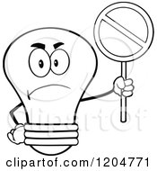 Cartoon Of A Happy Black And White Light Bulb Mascot Holding A Prohibited Sign Royalty Free Vector Clipart