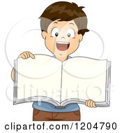 Poster, Art Print Of Happy Brunette School Boy Pointing To A Blank Book