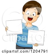 Poster, Art Print Of Happy Brunette School Boy Holding Blank Sign Boards