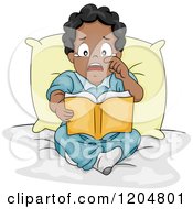 Cartoon Of An Emotional Black Boy Crying And Reading A Book Royalty Free Vector Clipart