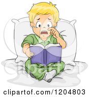 Cartoon Of An Emotional Blond White Boy Crying And Reading A Book Royalty Free Vector Clipart