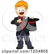 Happy Red Haired White Magician Boy Holding A Wand And Top Hat