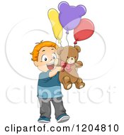 Cartoon Of A Happy Red Haired White Boy Holding A Teddy Bear And Balloons Royalty Free Vector Clipart