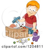 Happy Red Haired White Boy Putting Toys In A Box