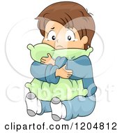Sad Brunette White Boy Crying And Hugging A Pillow