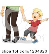 Cartoon Of A Scared Blond White Boy Pulling On His Fathers Hand And Pointing Royalty Free Vector Clipart