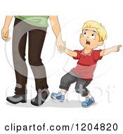 Poster, Art Print Of Scared Blond White Boy Pulling On His Fathers Hand And Pointing