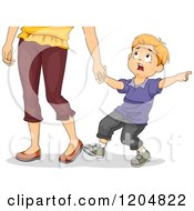 Cartoon Of A Scared Red Haired White Boy Pulling On His Mothers Hand And Pointing Royalty Free Vector Clipart